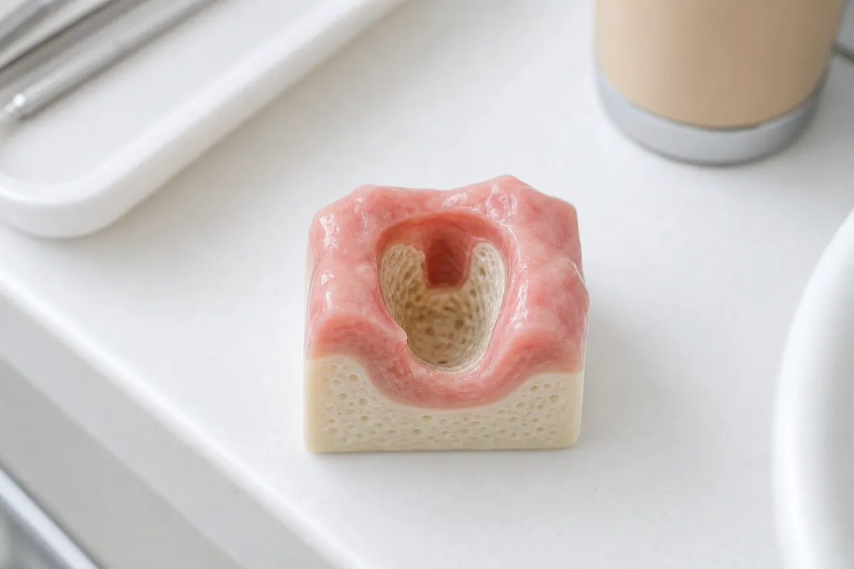 흰 카운터 가장자리 근처에 잇몸 테두리와 옅은 뼈 질감의 움푹한 발치 자리 모형이 놓여 있다.
