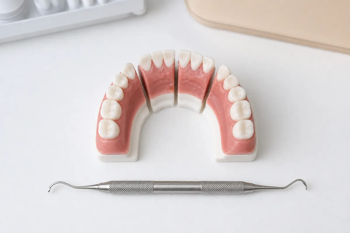 네 구역으로 나뉜 잇몸 구역 모형 아래에 둥근 작업부가 있는 그레이시 큐렛이 나란히 놓여 있다.