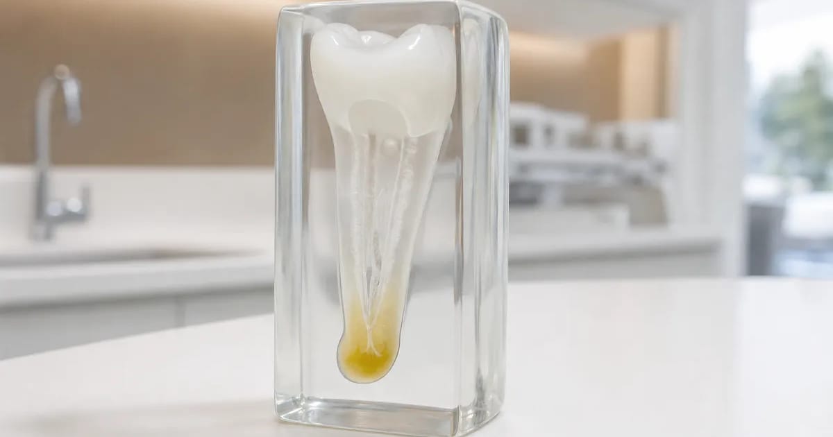 흰 카운터 위에 투명한 치아 뿌리 끝 모형이 서 있고 뿌리 끝에는 노란 수지 주머니가, 잇몸 쪽에는 작은 둥근 돌기가 보인다.